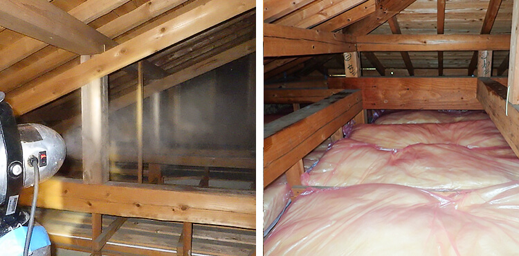 消毒の様子と施工後の天井裏